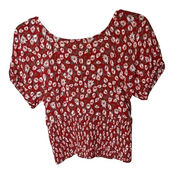 Idyllwind Brick Red Bay Cove Floral Crop Peasant Top Shirt Blouse Size Large - Picture 3 of 12